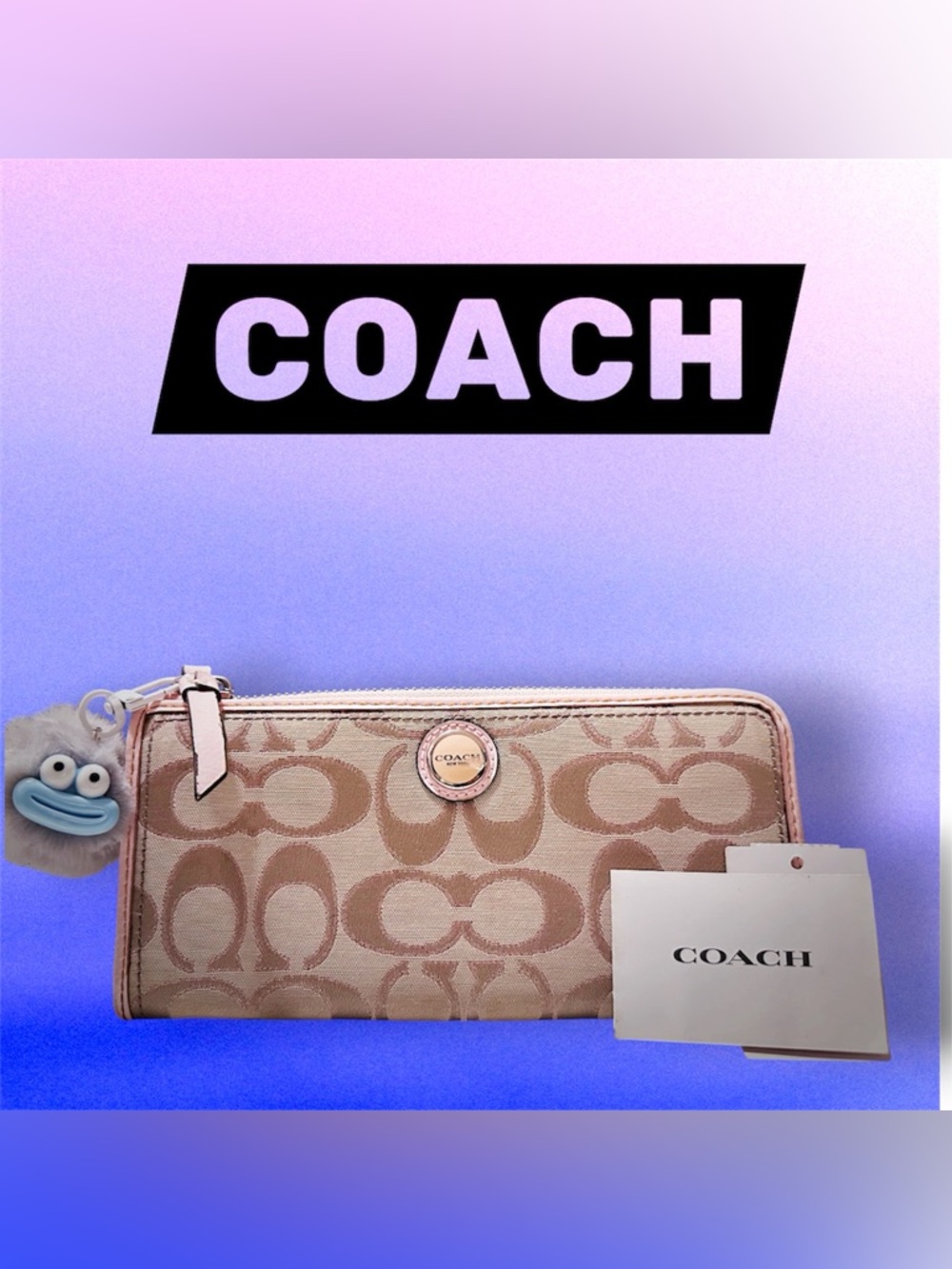 Vintage COACH Khaki Signature Canvas Zip Wallet with Pale Pink Trim - Picture 3 of 17